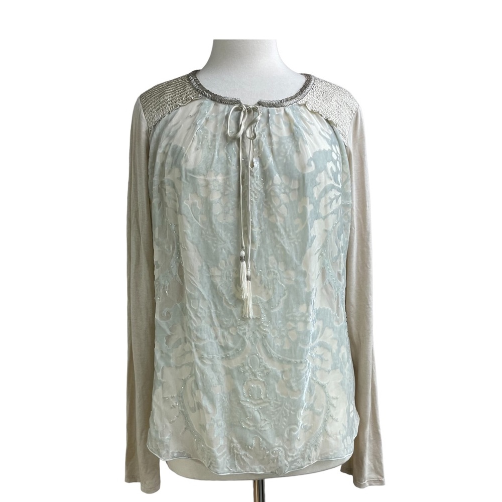 Hale Bob Cream and Light Blue Embroidered & Beaded Tie-Neck Blouse